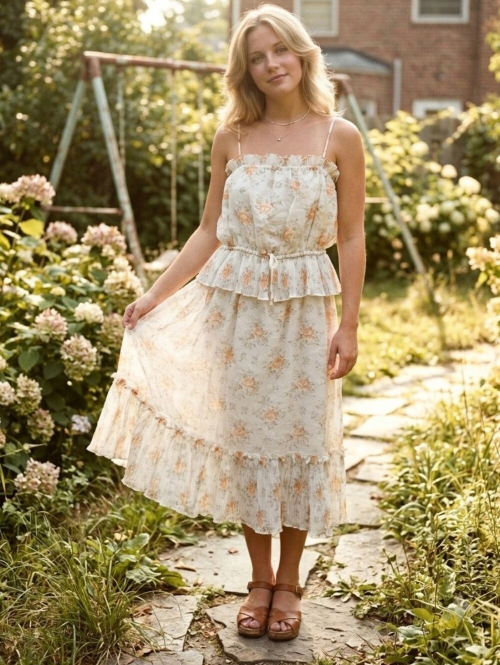 Vintage 70s Ronda Roy Floral Pleated Ruffles Lightweight Midi Dress Praire Boho